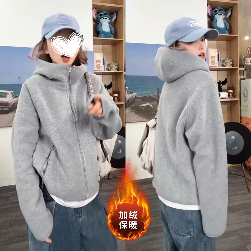 MosesQueen/魔西女王简约纯色高领双面摇粒绒保暖夹克连帽卫衣