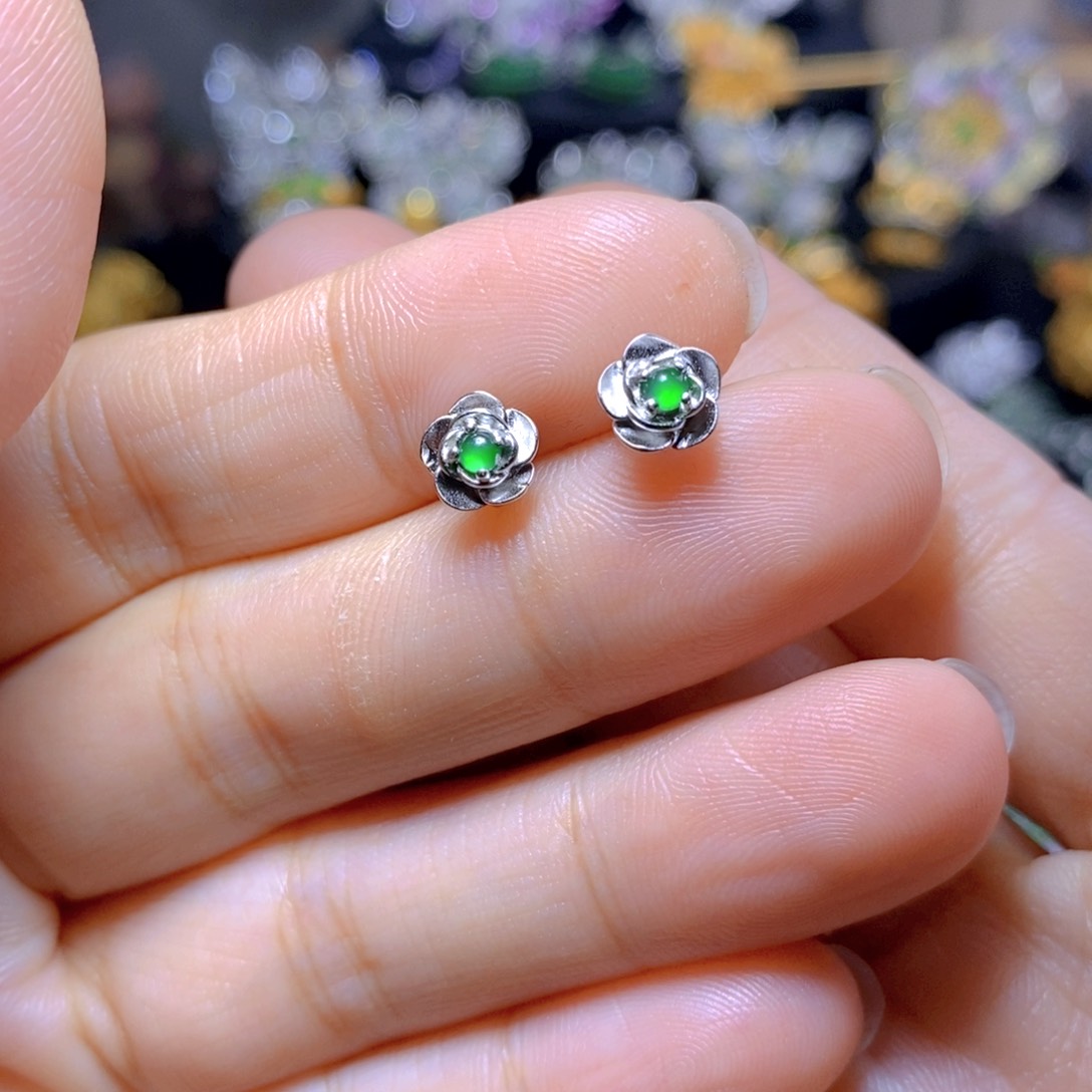 翡翠耳钉银S925镶嵌天然翡翠