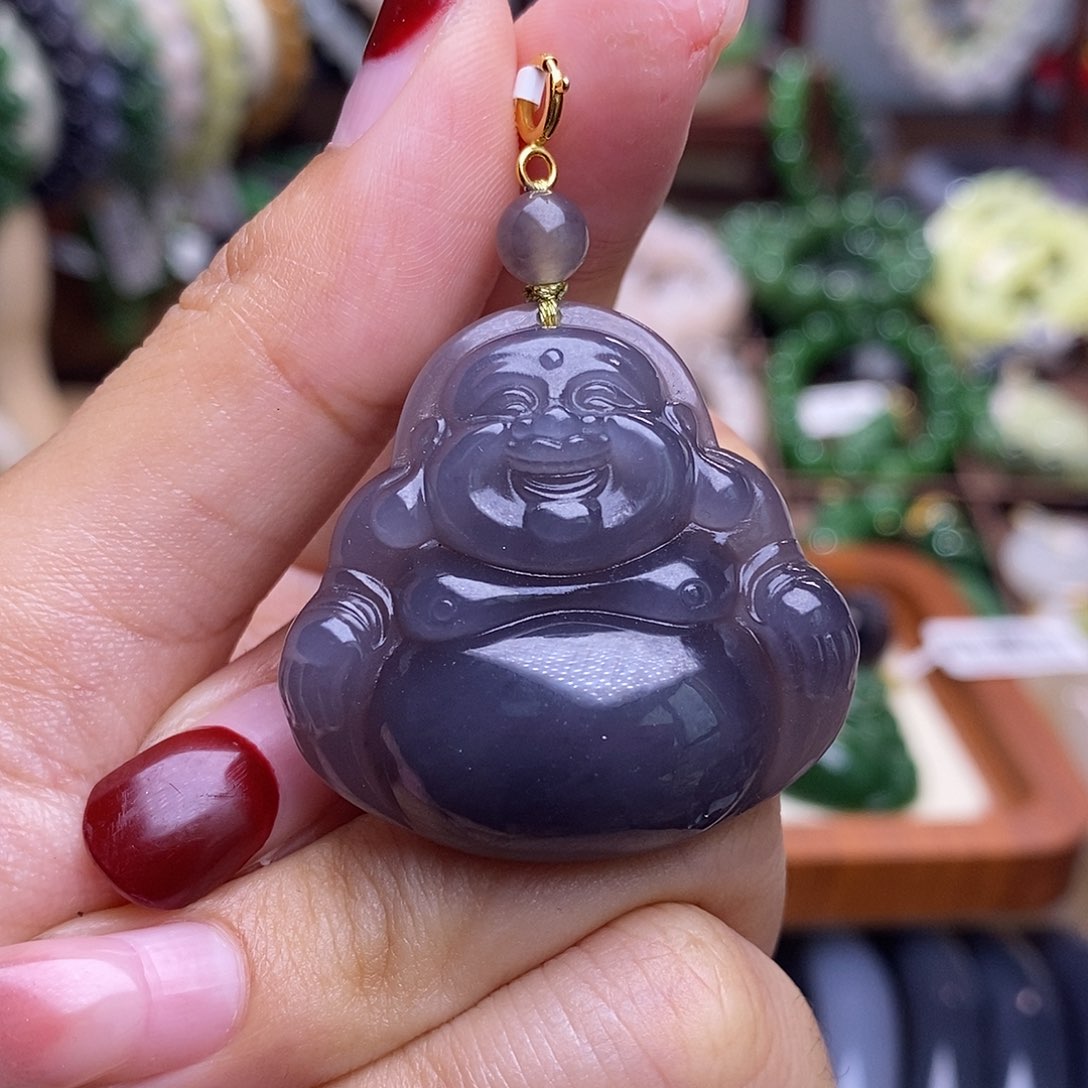 和田玉未镶嵌毕业级老坑料浓烟紫金镶佛公乐*