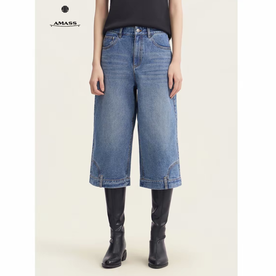 阿玛施AMASS 新款时尚新款洋气百搭复古直筒阔腿六分牛仔裤510069