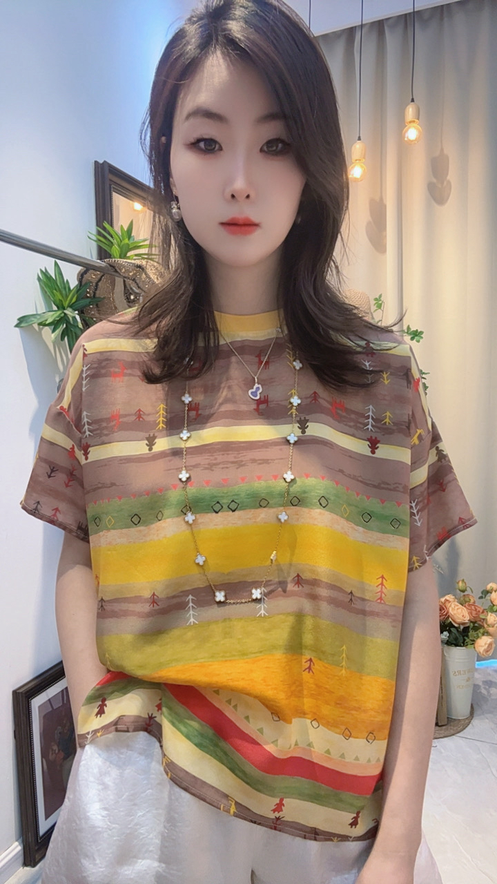 100%桑蚕丝双绉显白彩条宽松上衣