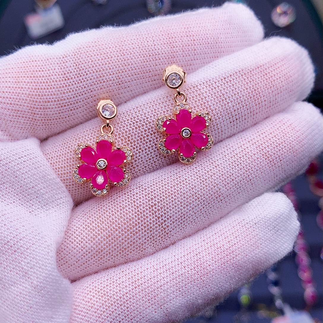 红宝石耳饰银S925镶嵌