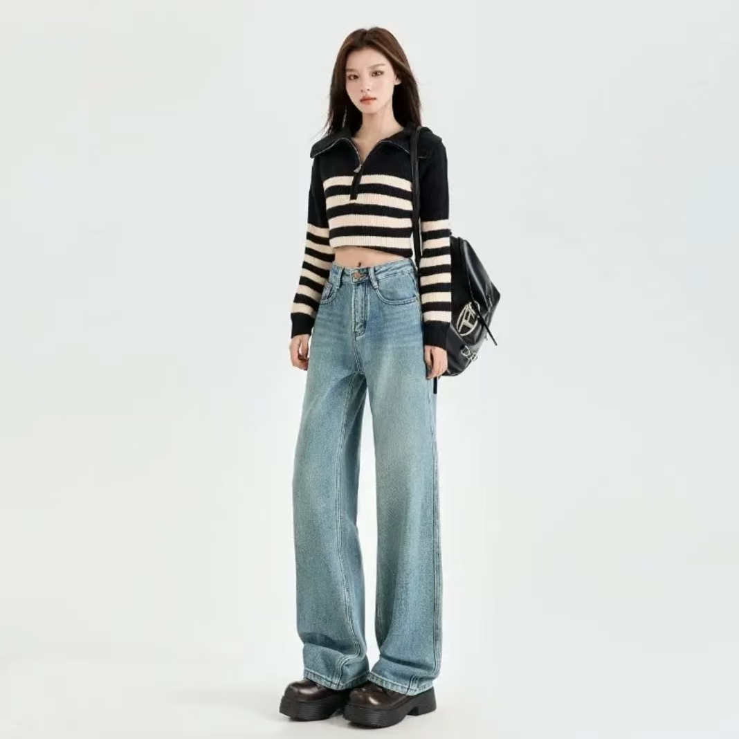 窄版阔腿牛仔裤女2025秋款宽松显瘦高腰直筒拖地裤子复古百搭