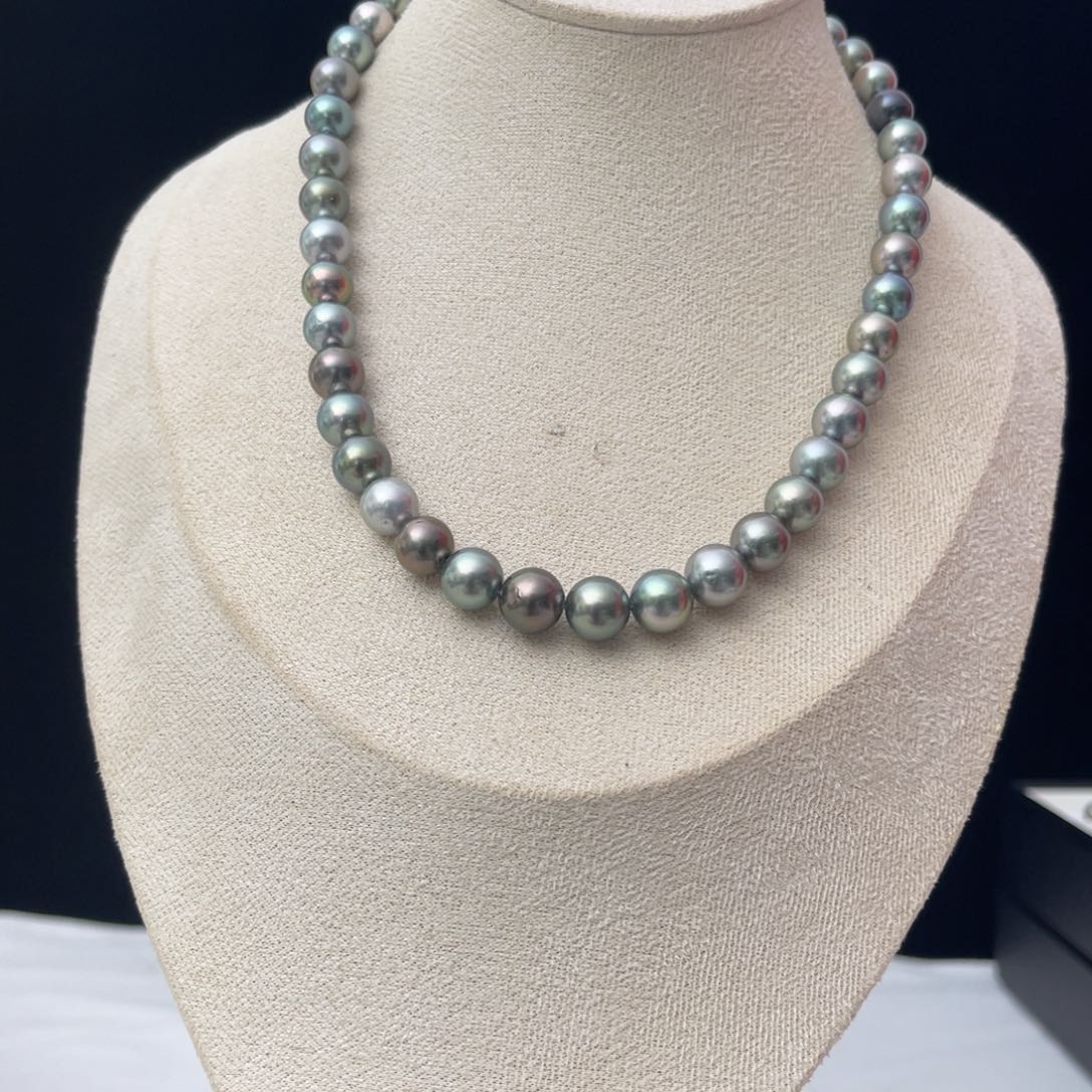 银S925镶嵌海水珍珠颈饰正圆浅色混彩镜面极光串