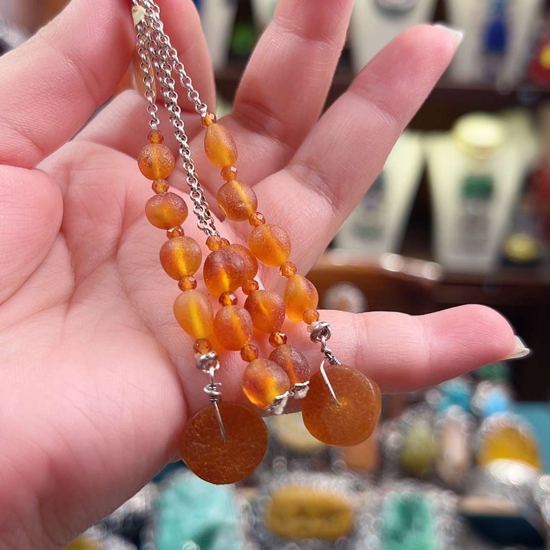 琥珀银S925镶嵌挂件耳环