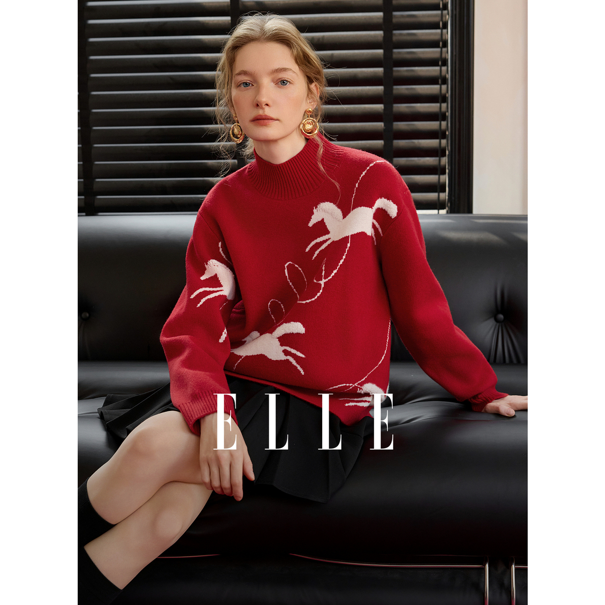 ELLE女装小马提花圣诞毛衣26春新款慵懒绵羊毛软糯针织衫EZ63743