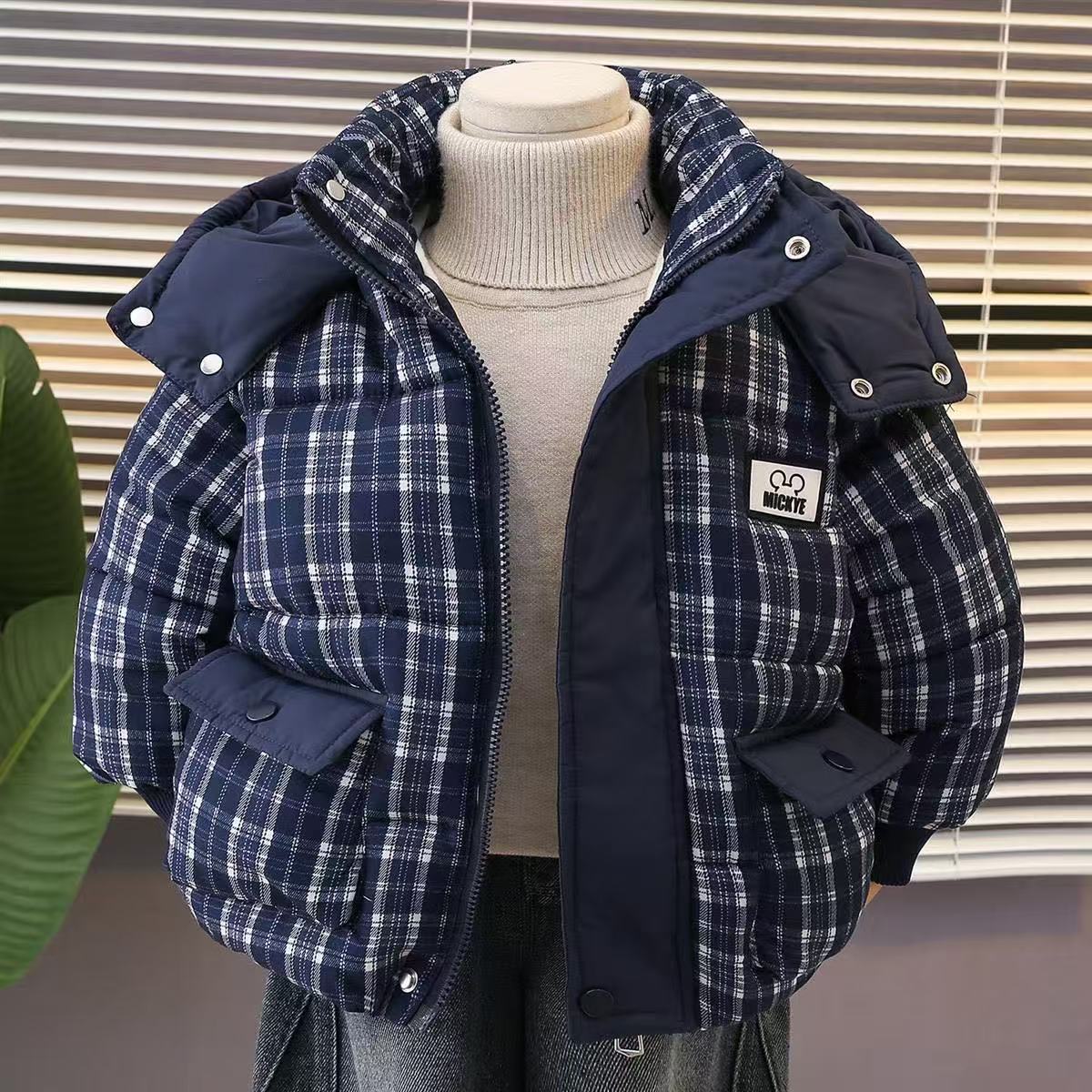 男童加绒加厚格子厚款连帽棉服宝贝冬季新款棉袄外套宽松冬装棉衣