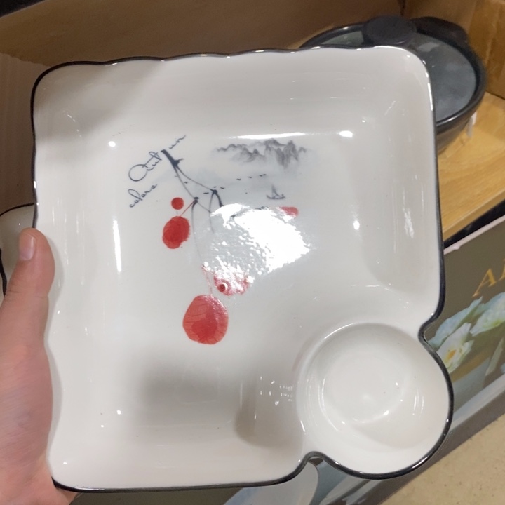 陶摆件38号2个装10英寸水墨梅花骨质瓷饺子盘