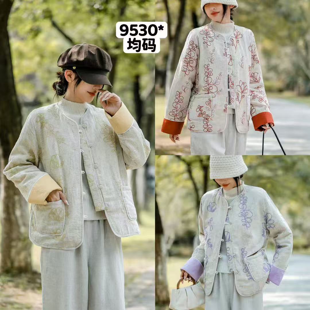 秋冬新款新中式复古国风立体刺绣棉衣小v领包棉外套