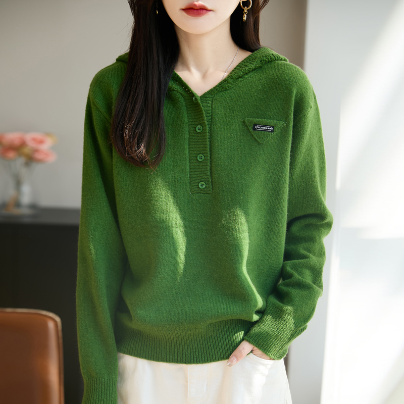 超软纯色连帽针织衫时尚显瘦浣熊绒帽衫减龄套头毛衣