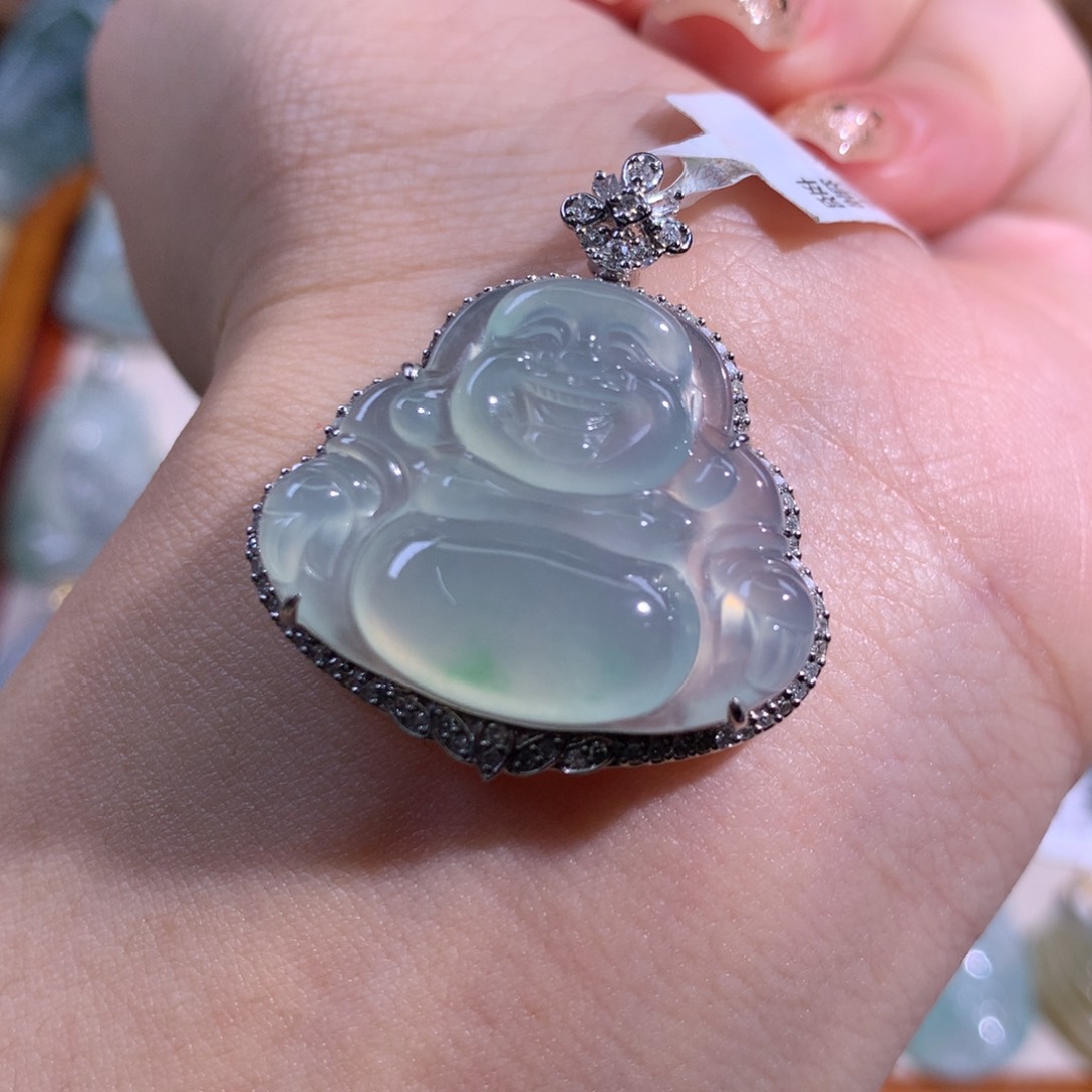 翡翠吊坠(不含链)18K金镶嵌冰飘花佛公