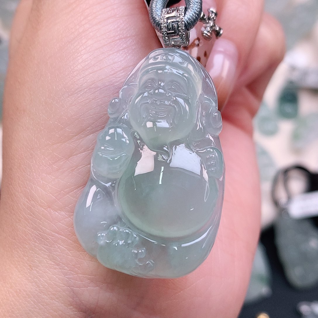 翡翠颈饰18K金镶嵌冰绿财神46、38.5、24.5、5.8