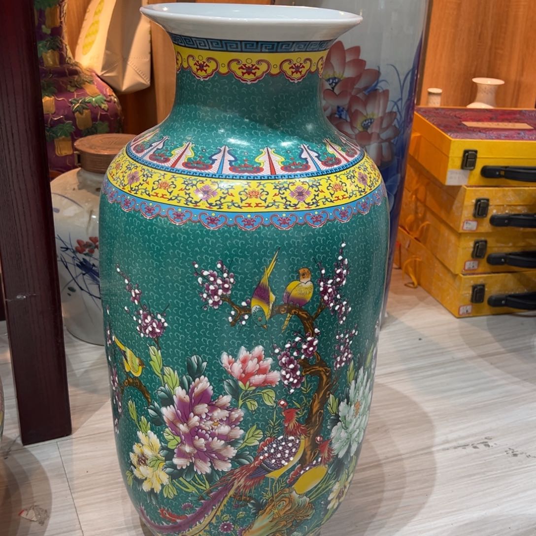 浅***摆件陶60cm绿色花鸟冬瓜瓶