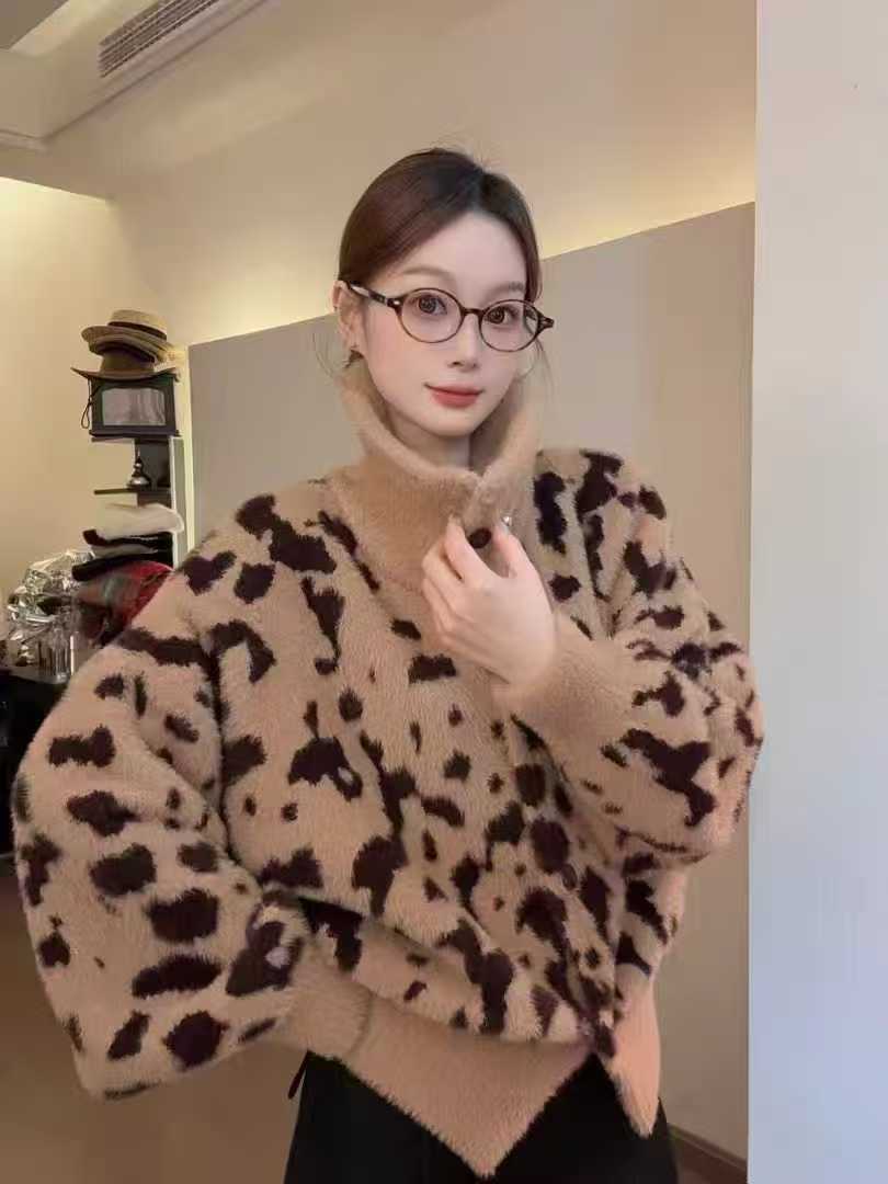 法式慵懒高领针织衫毛衣外套女2025秋冬季新款开衫宽松豹纹上衣潮