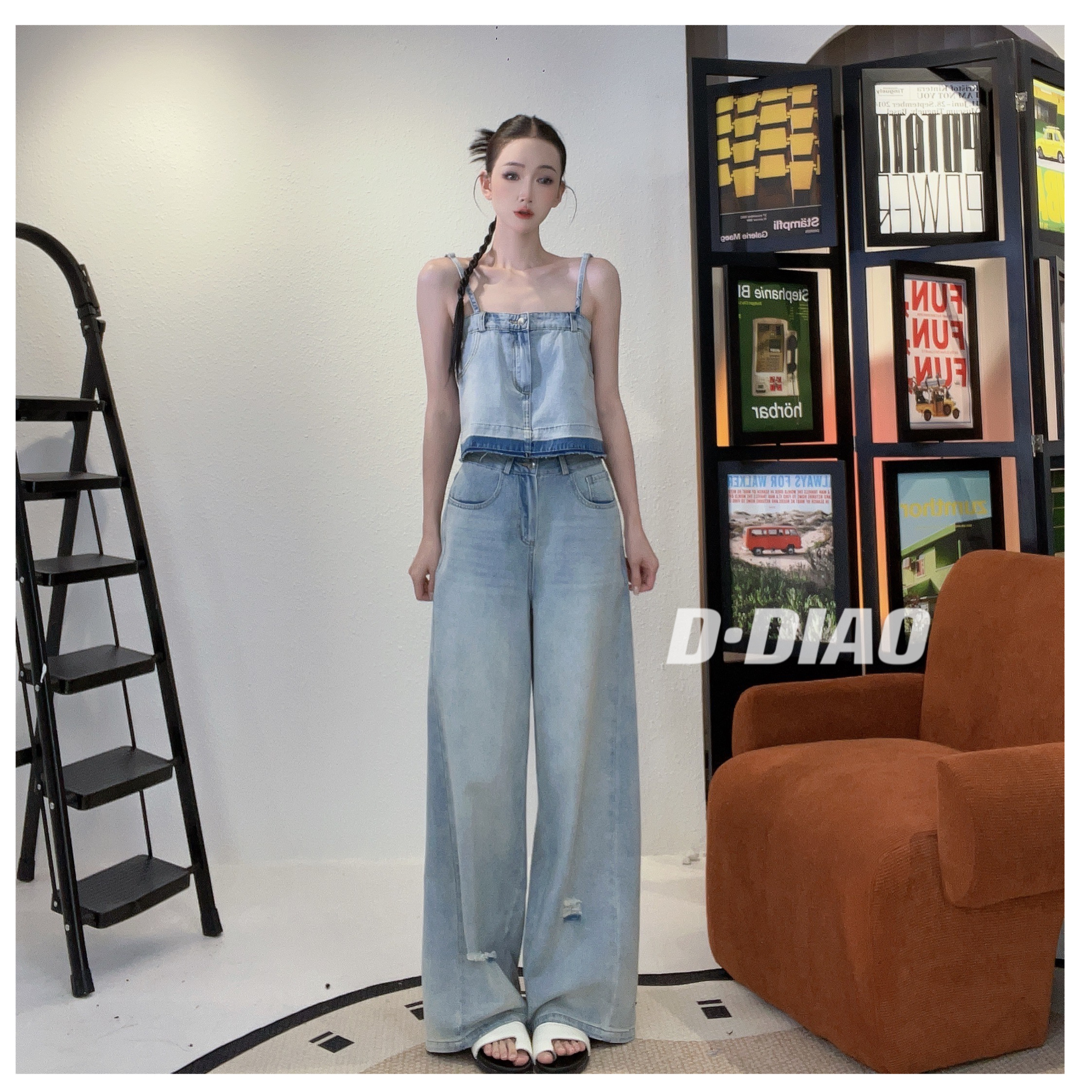 【小奈】复古气质减龄牛仔吊带背心上衣+高腰显瘦牛仔长裤 xn10008