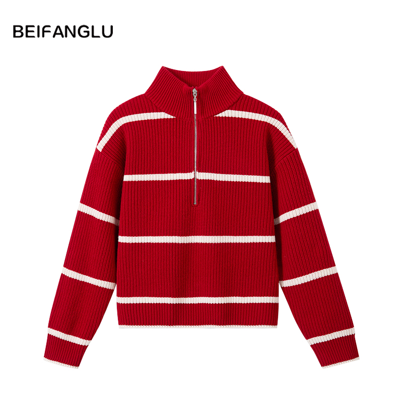 【北方鹿】氛围红法式条纹秋冬气质拉链立领套头条纹羊毛毛衣女6518
