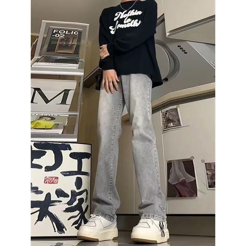 加绒款牛仔裤烟灰色显瘦微喇裤子美式vibe修身弯刀高街秋冬季潮男