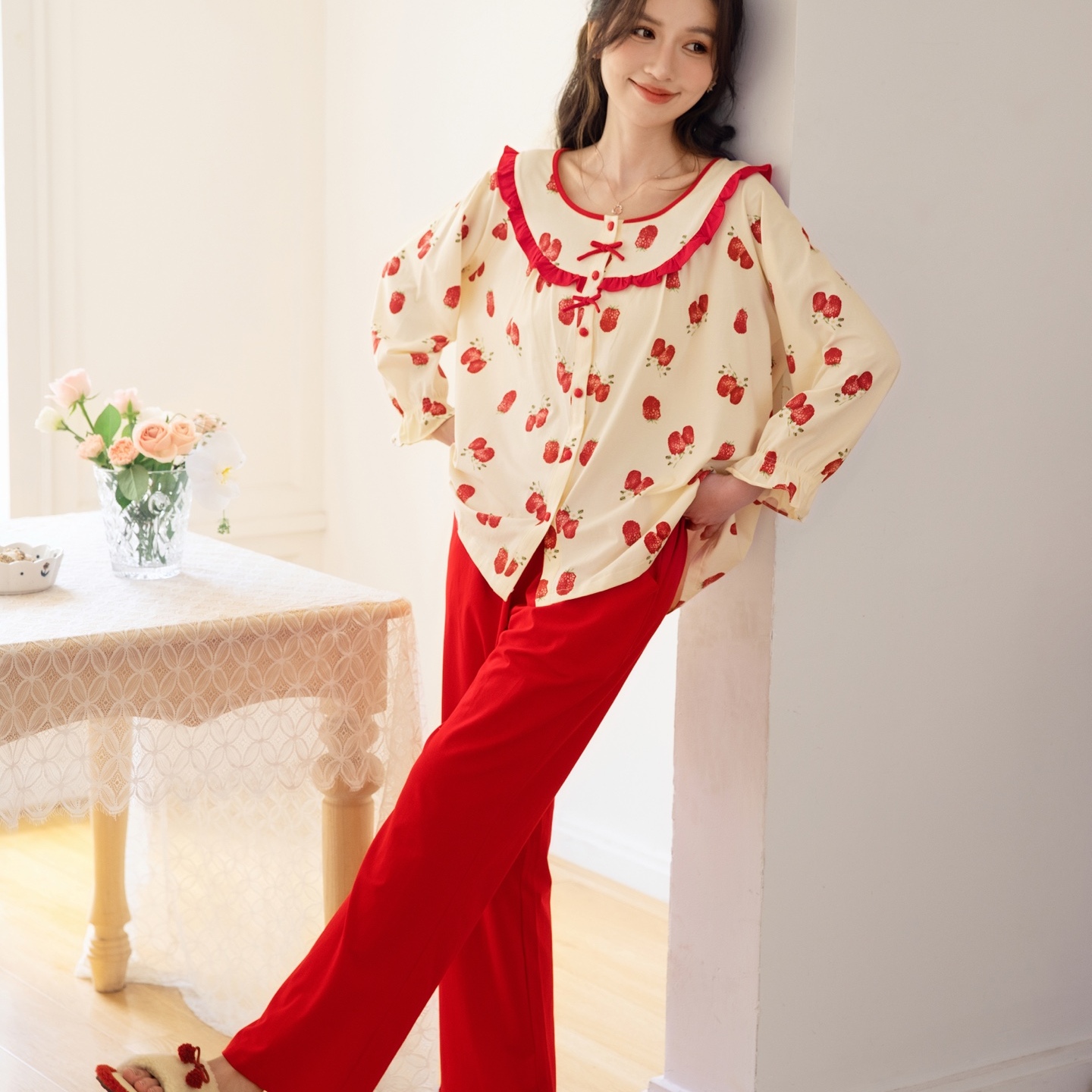 薇斯缔娜马年本命年甜美草莓睡衣女长袖花边娃娃领喜庆红家居服