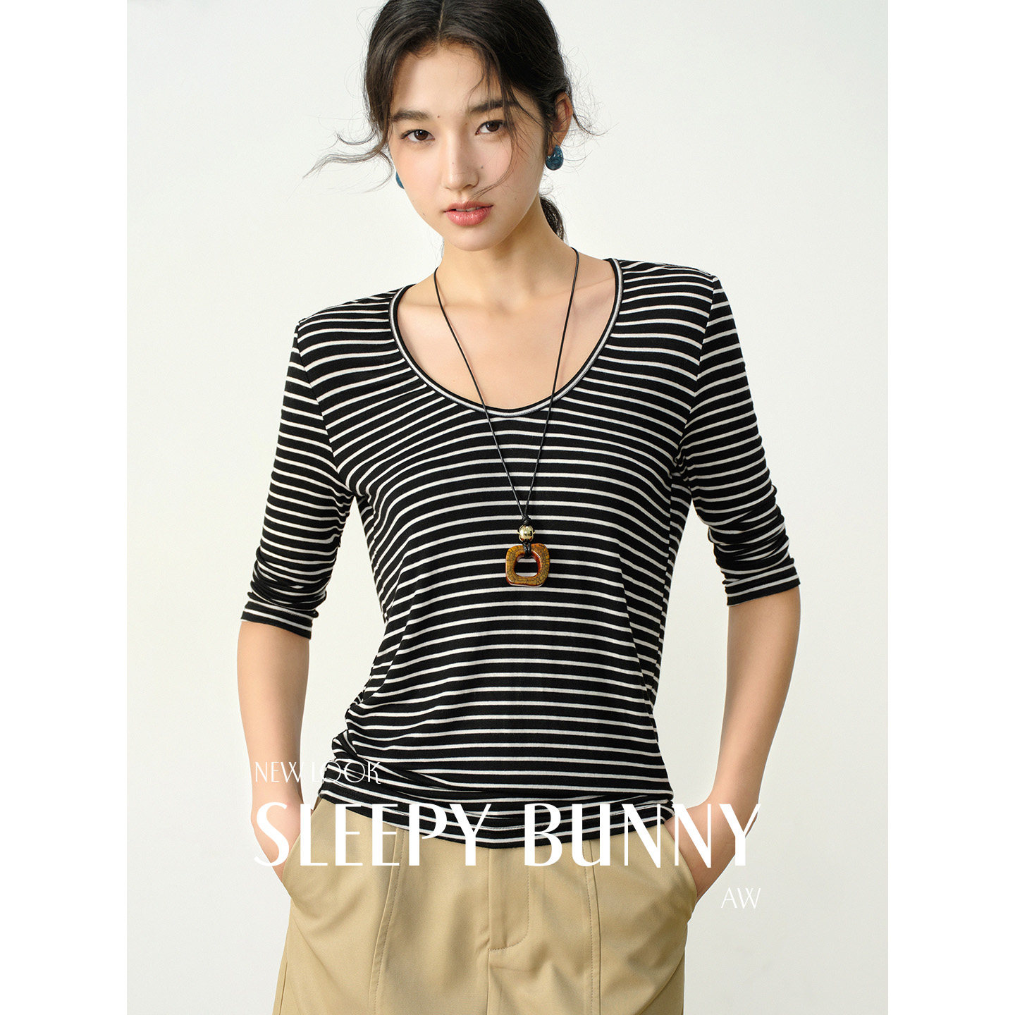 H瞌睡兔【清苍】莱赛尔天丝羊毛T恤女弹力修身显瘦内搭上衣507374