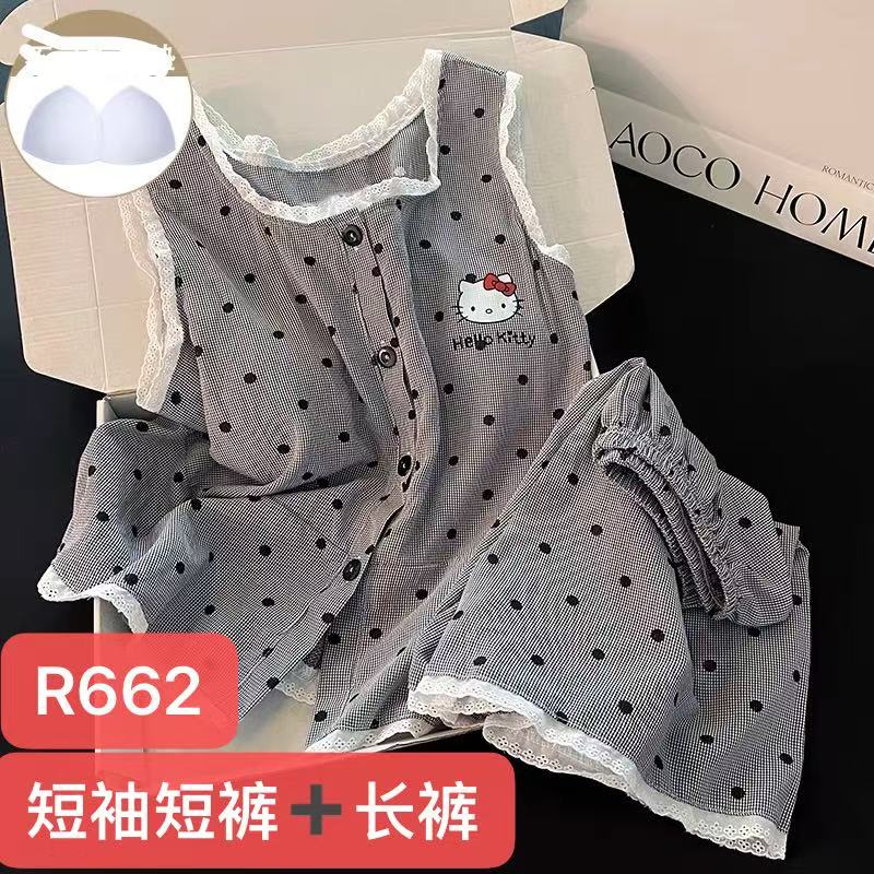 R662夏季灰色kt猫背心+短裤+长裤三件套家居服带胸垫