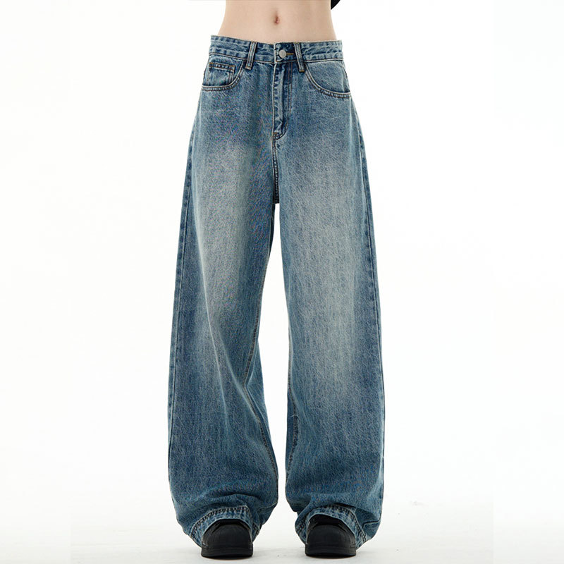 爆款新款复古水洗cleanfit蓝色直筒牛仔裤潮牌男美式阔腿百搭休闲