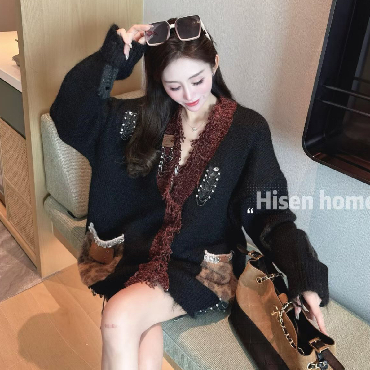 欧货正品拼色宽松型女长袖毛针织衫加厚百搭慵懒风毛衣上衣外套女