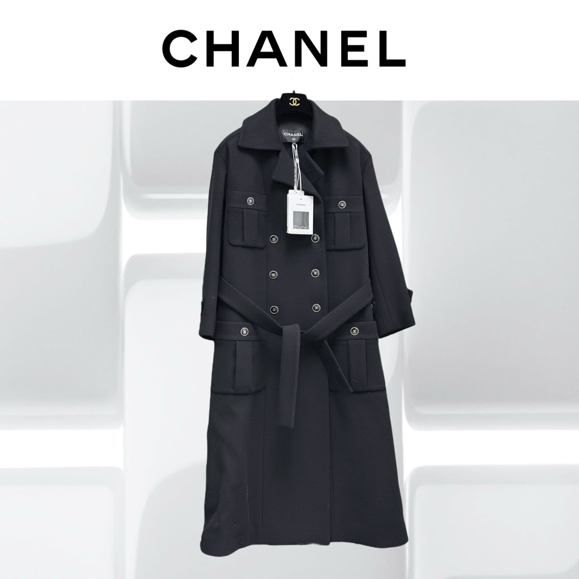 99新 Chanel/香奈儿 34码21B黑色双排扣翻领长款外套，有腰带