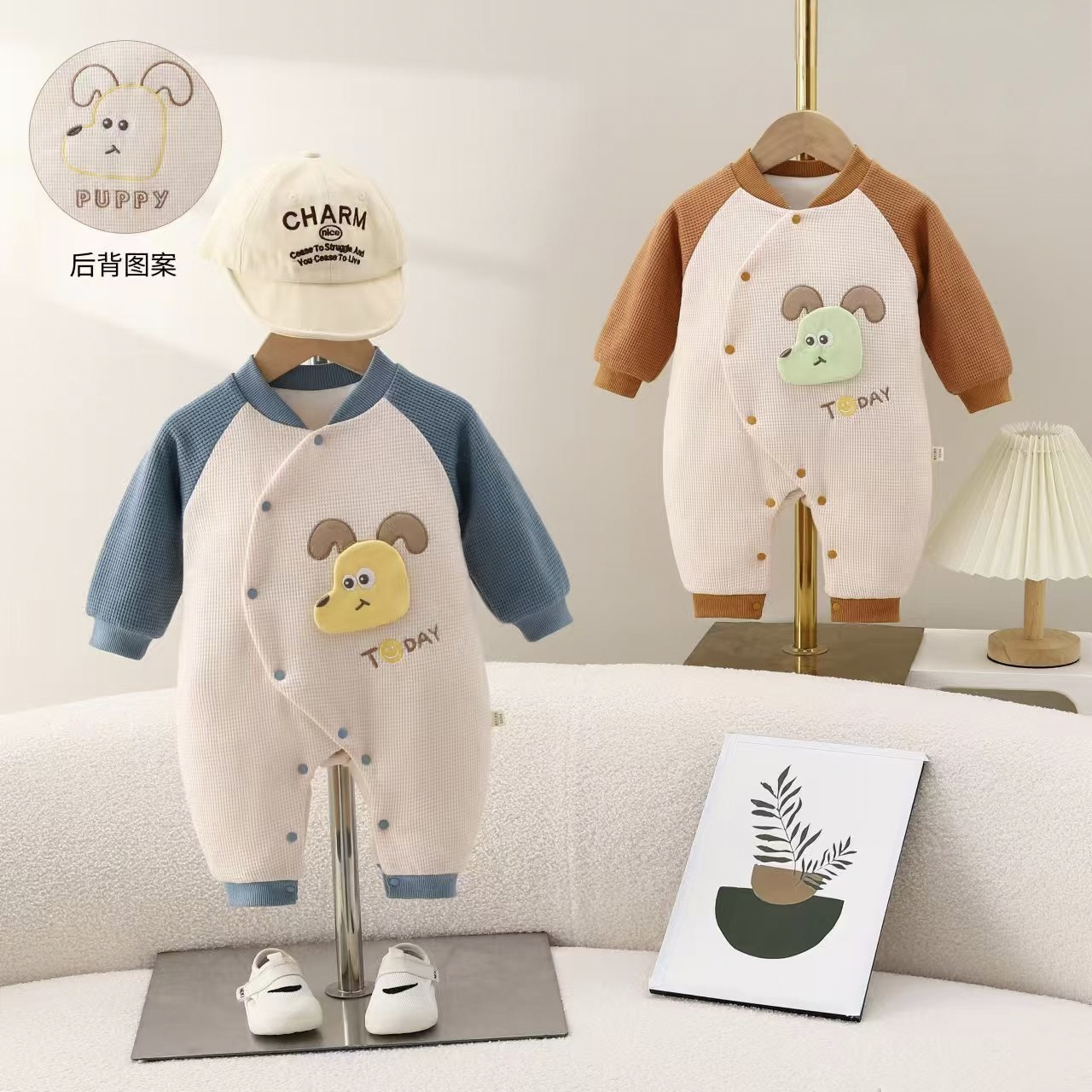 40g春款新生儿连体衣夹棉婴儿蝴蝶衣0-3个月快乐小狗宝宝外出儿童