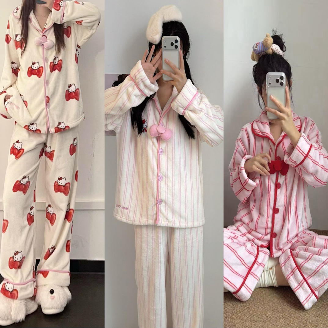 米to Kitty猫法兰绒睡衣女秋冬卡通可爱长袖加厚保暖家居服套装