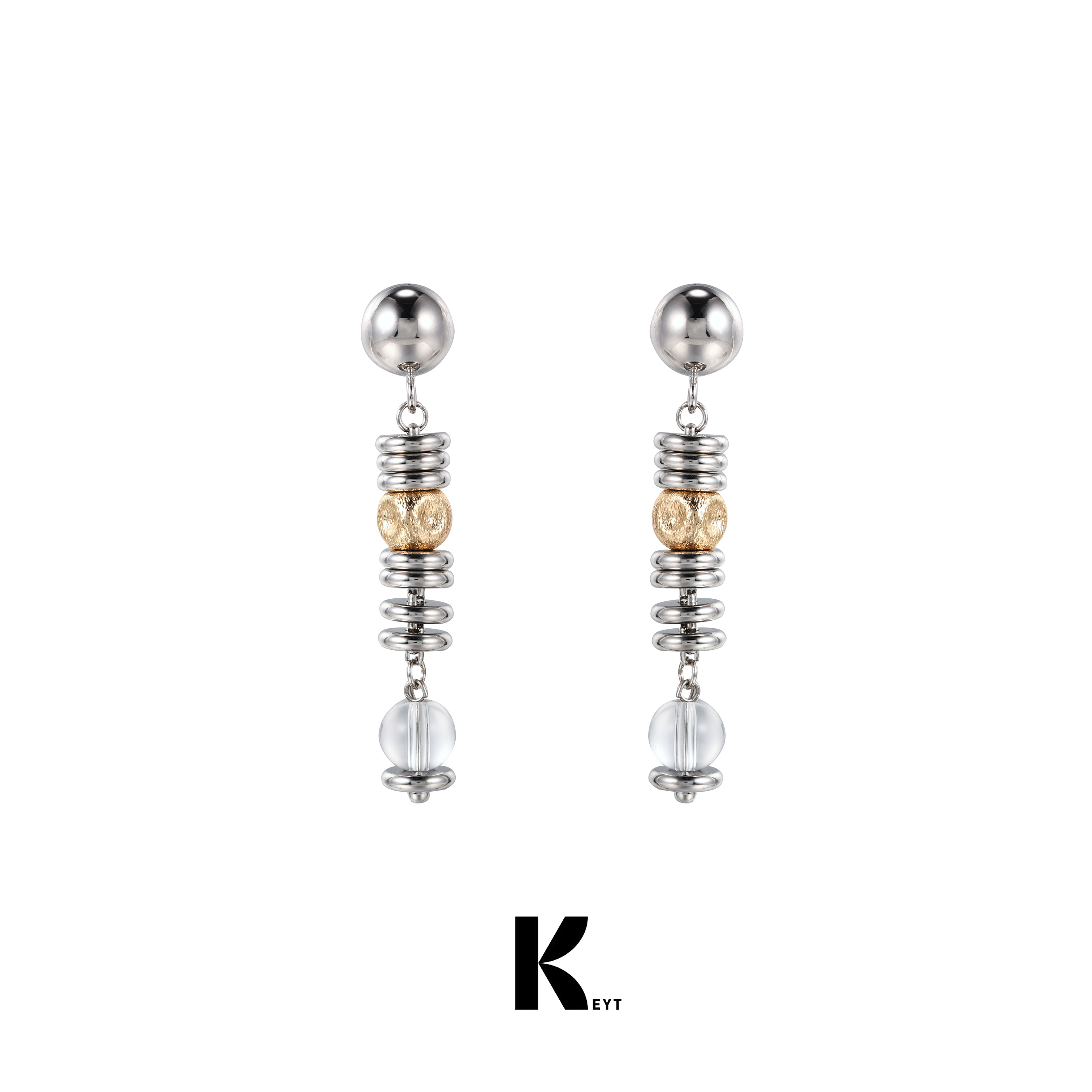 KEYT 铜合金玻璃耳饰 银色弹簧状透明球耳环A42