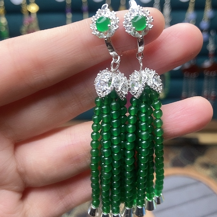 石英质玉耳钉银S925镶嵌