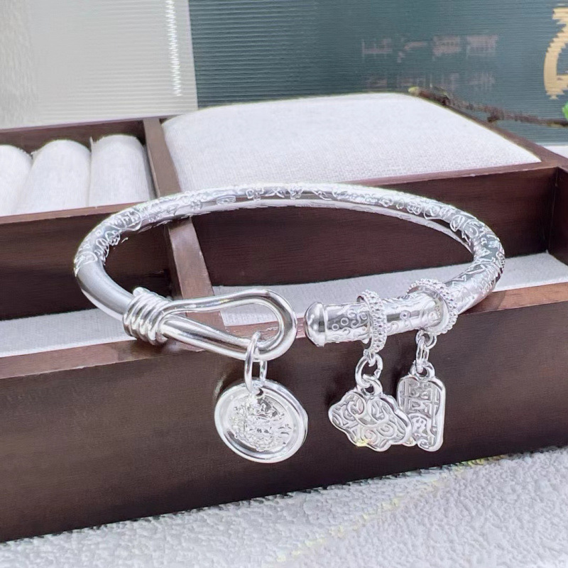 999复古圆棍吉言如意平安黄财神手镯开口银