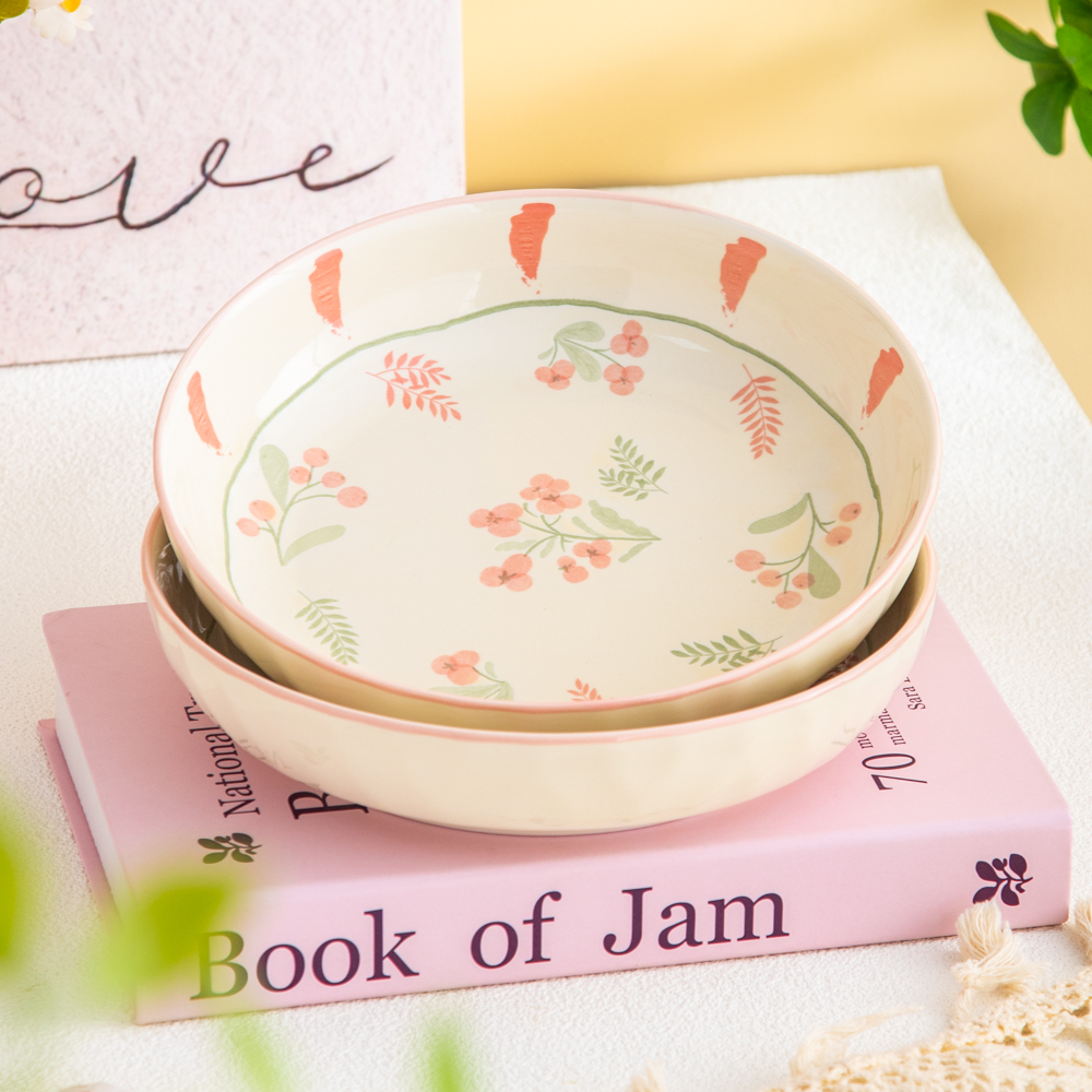 家用陶瓷餐具美二烧釉下彩粉色海洋8英寸菱格深盘菜盘(2个装)