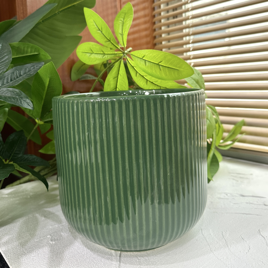 C201宝石绿高21口22竖条纹大口径花盆带孔家用室内外绿植花卉盆栽