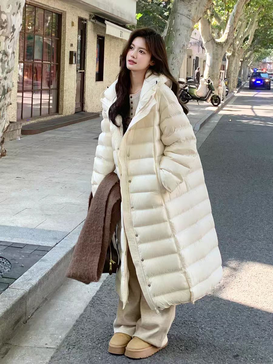 90鸭绒 排骨长款羽绒服女过膝2025冬季新款泡芙连帽宽松廓型外套