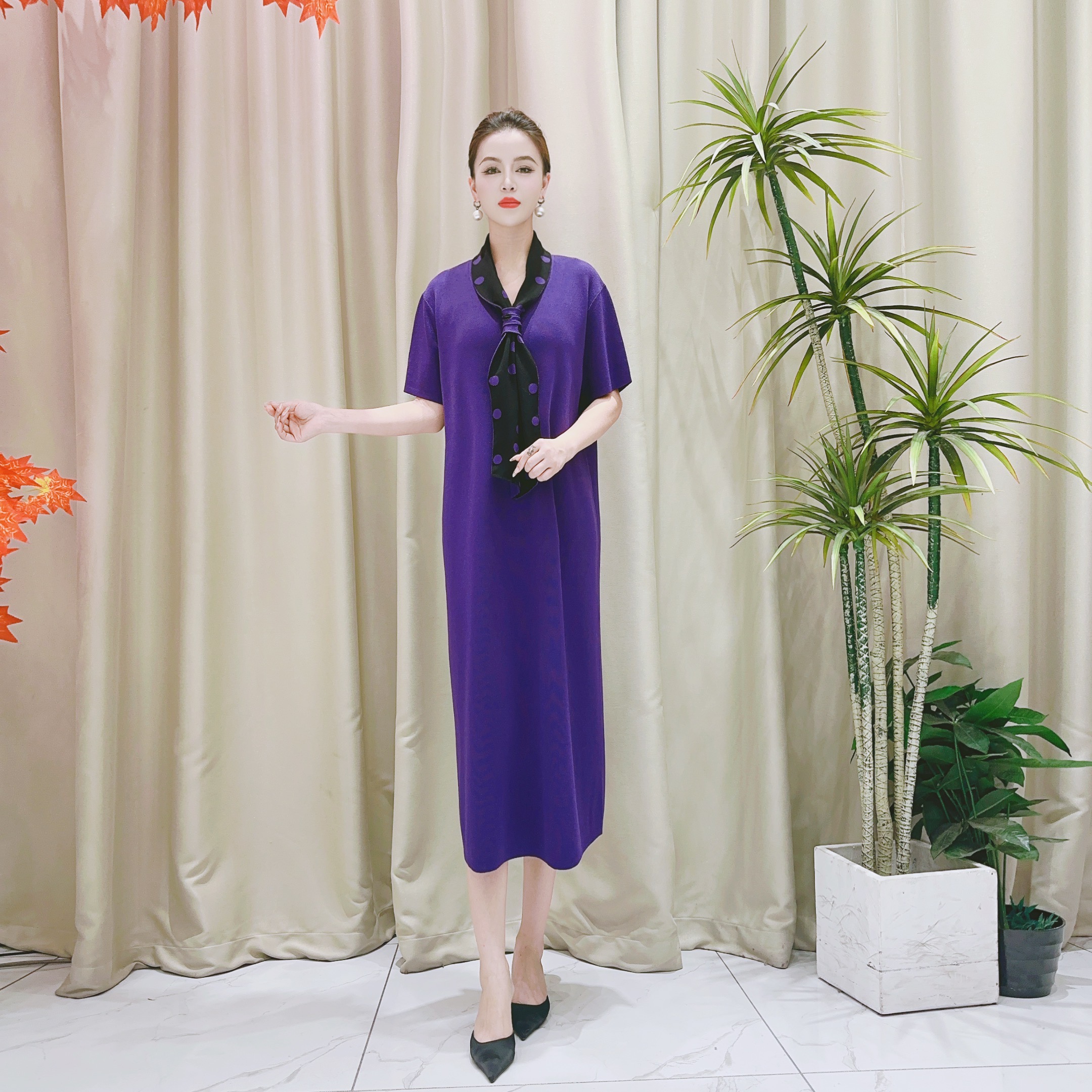 9453紫色假领巾连衣裙收腰显瘦优雅时尚轻奢气质休闲大码薄款