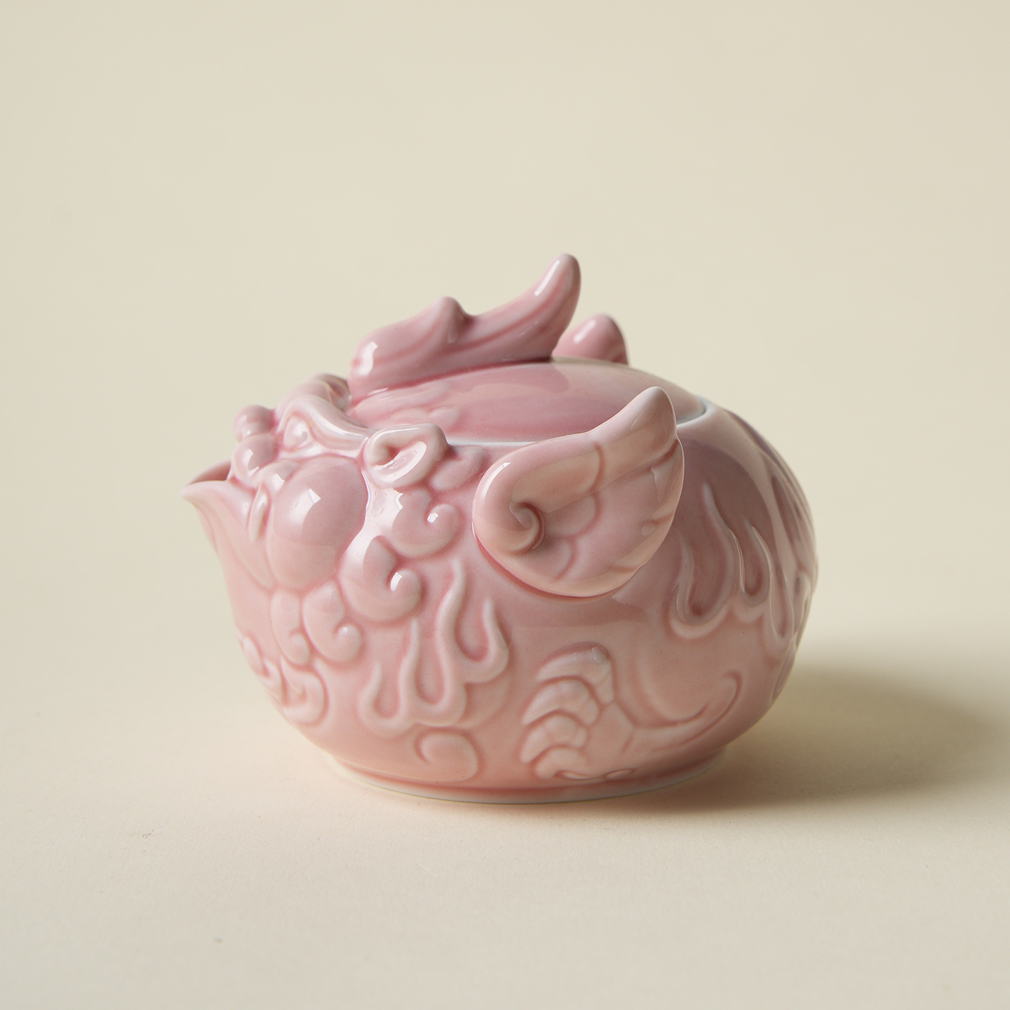 廷怀窑粉釉貔貅壶手抓壶