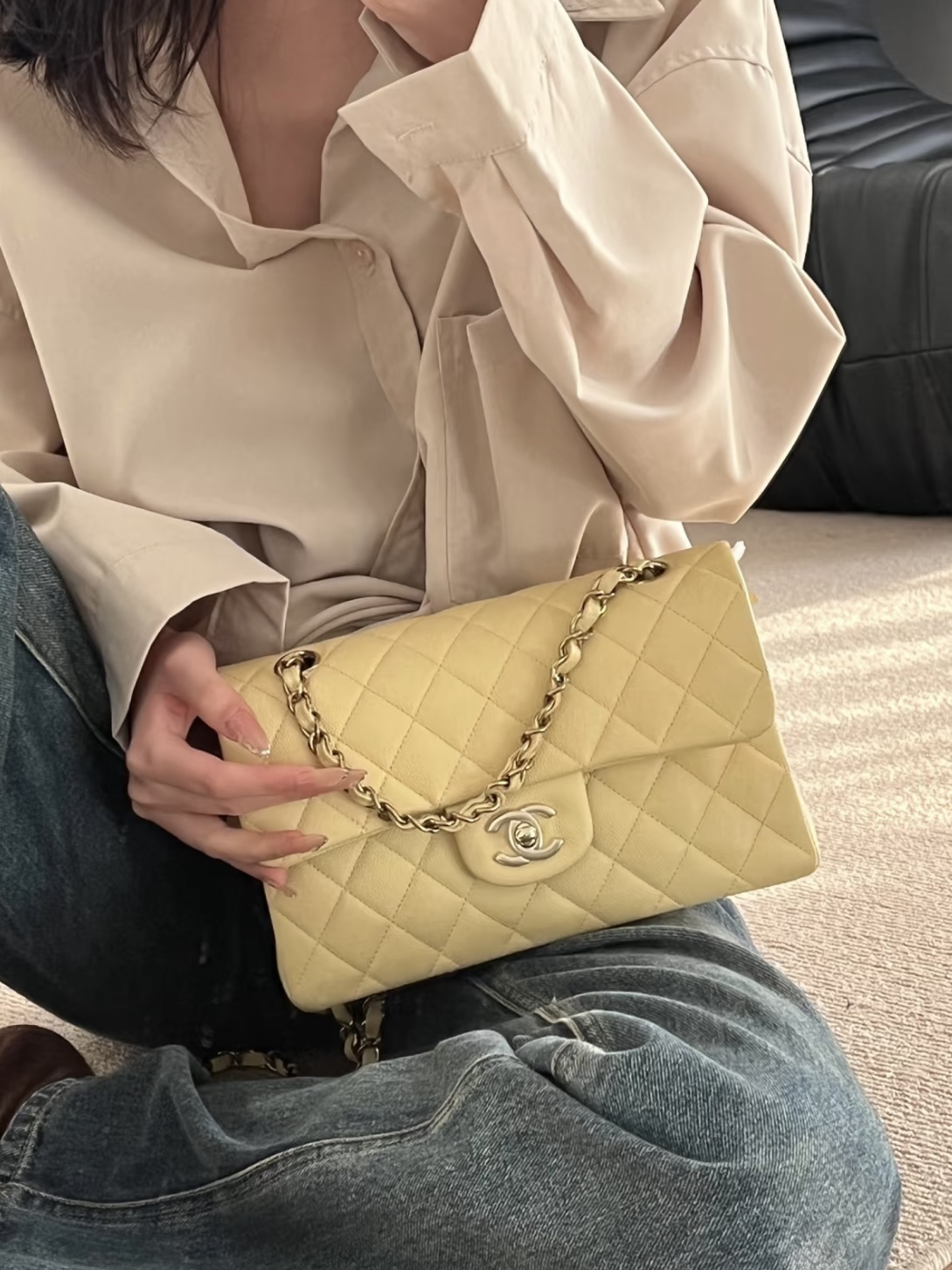 99新 Chanel/香奈儿 香奈儿小鸡黄金扣cf小号荔枝皮单肩包 芯片款