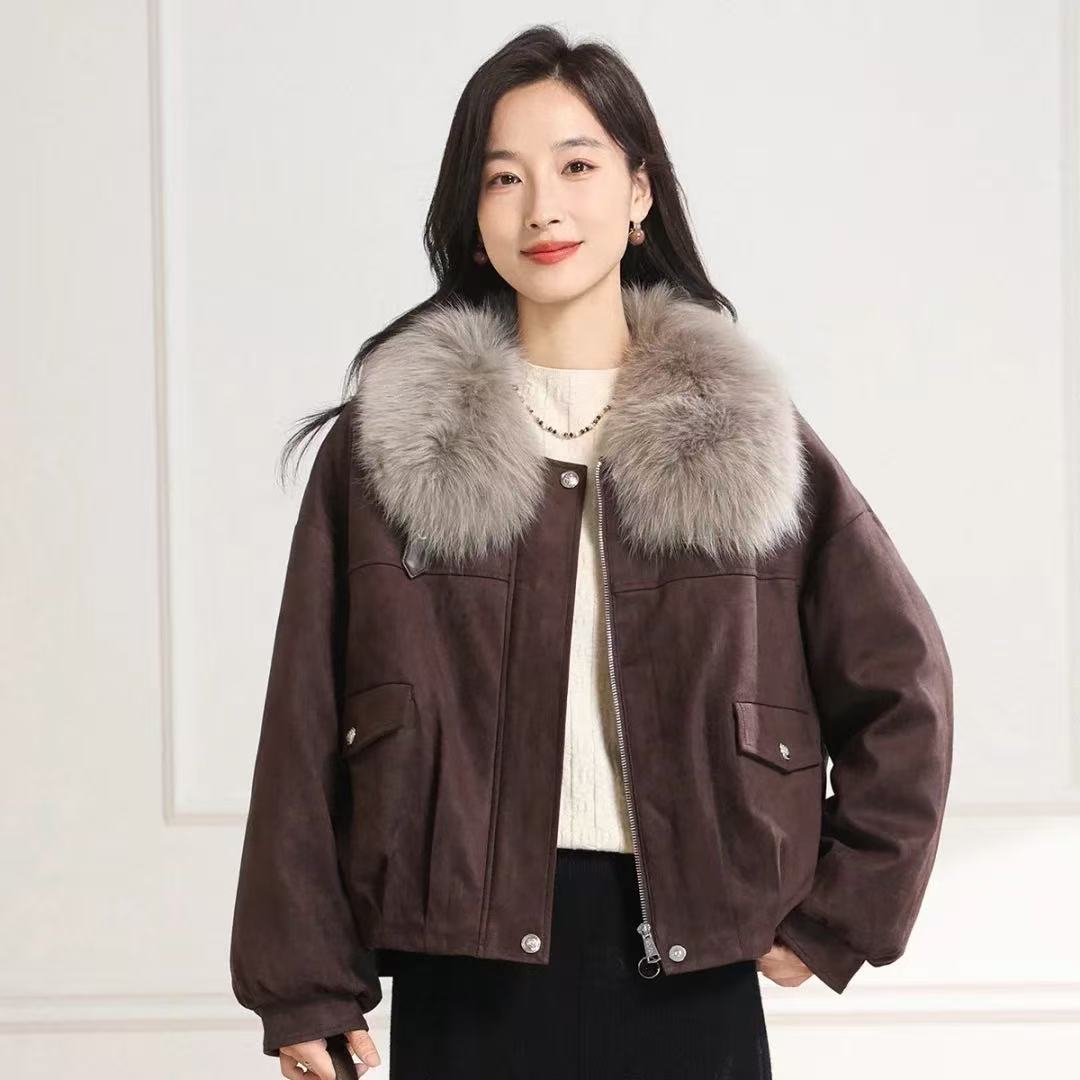 2025 冬季新款时尚麂皮绒仿毛领加绒加厚保暖外套