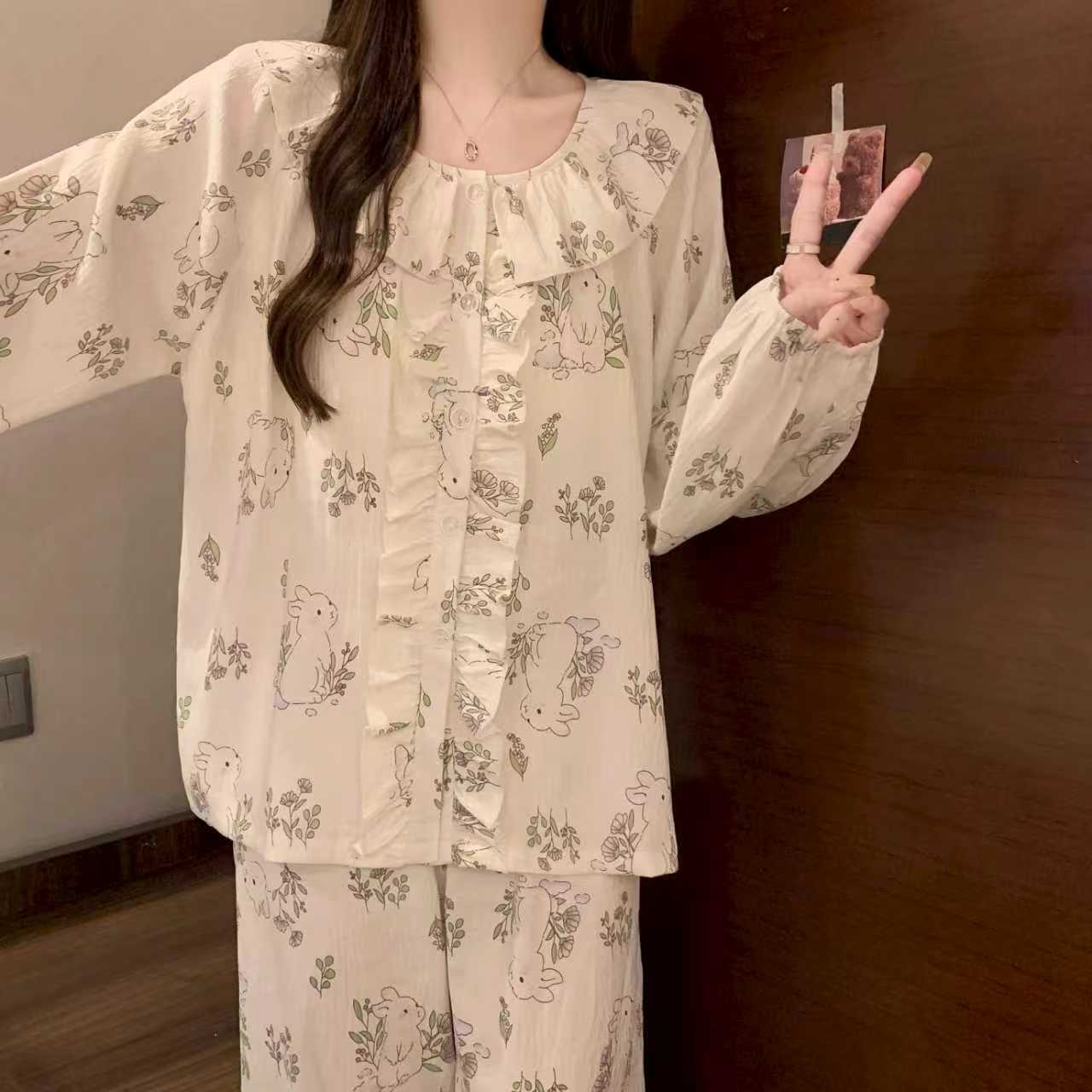 女士春季木耳边叶子小兔带胸垫开衫家居服套装