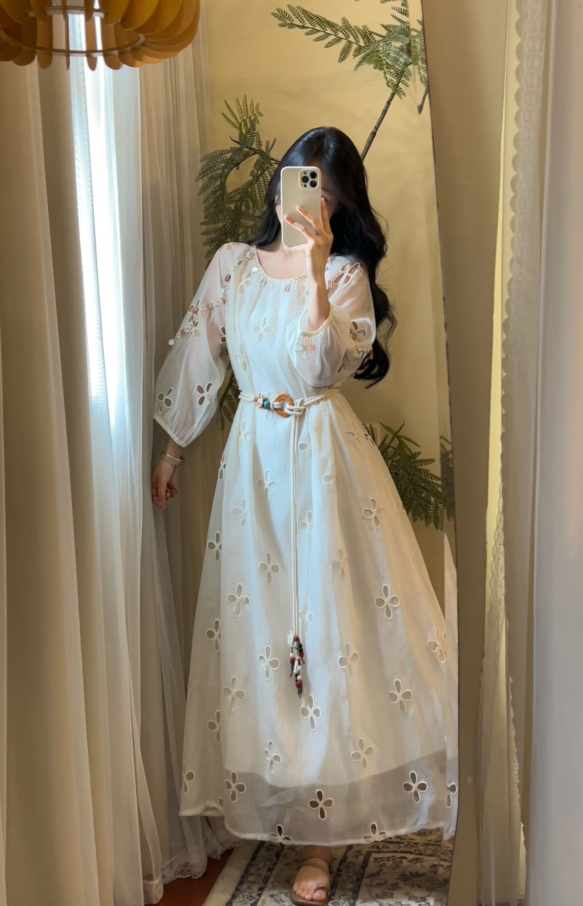 【ROUROU】美人书卷｜专属 波西米亚镂空亮片圆领民族连衣裙(配腰带)