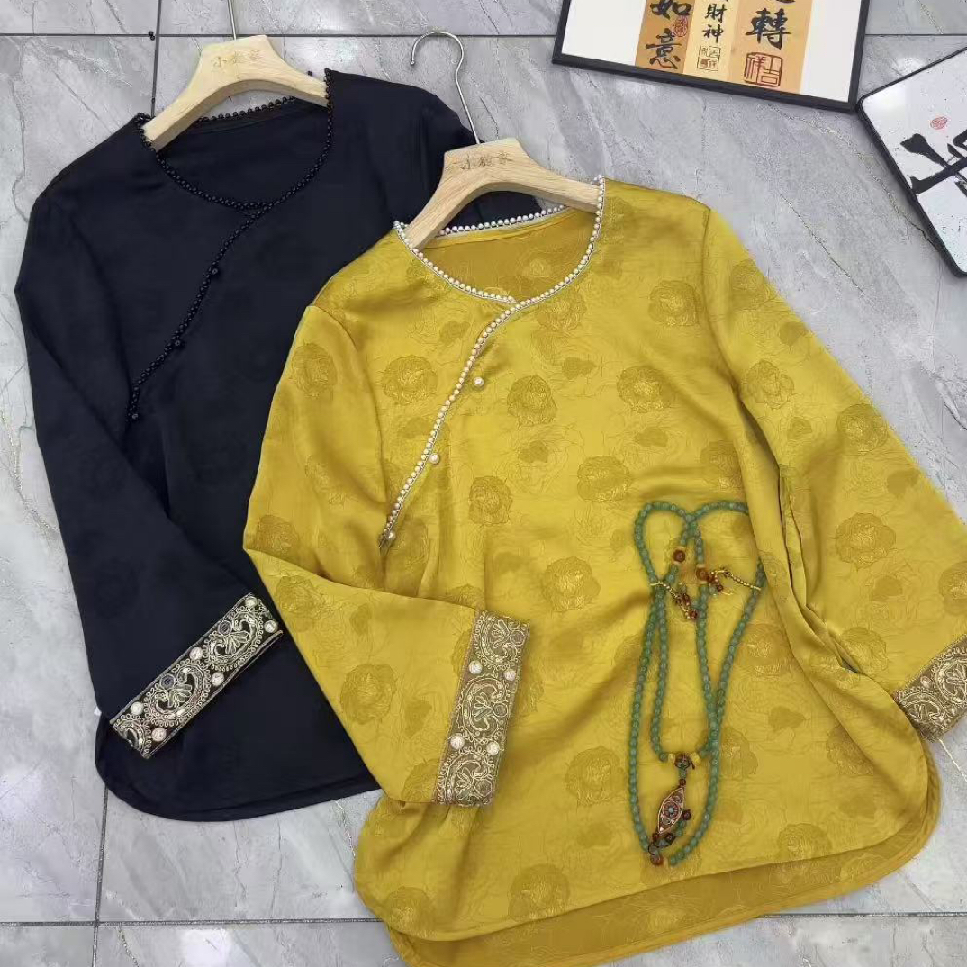 新中式提花国风复古气质刺绣亮片打底小衫