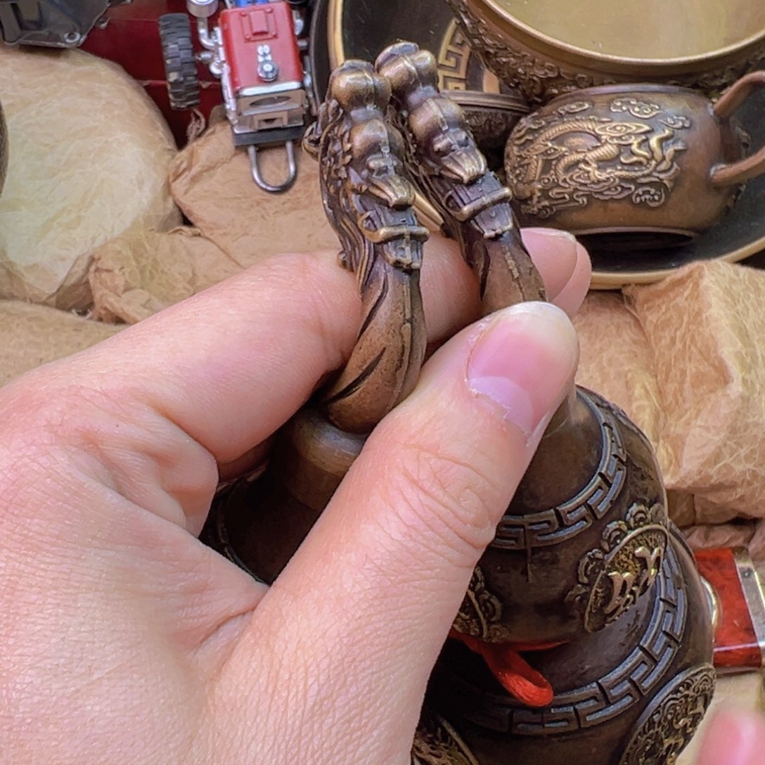 原矿风磨铜龙头葫芦一对