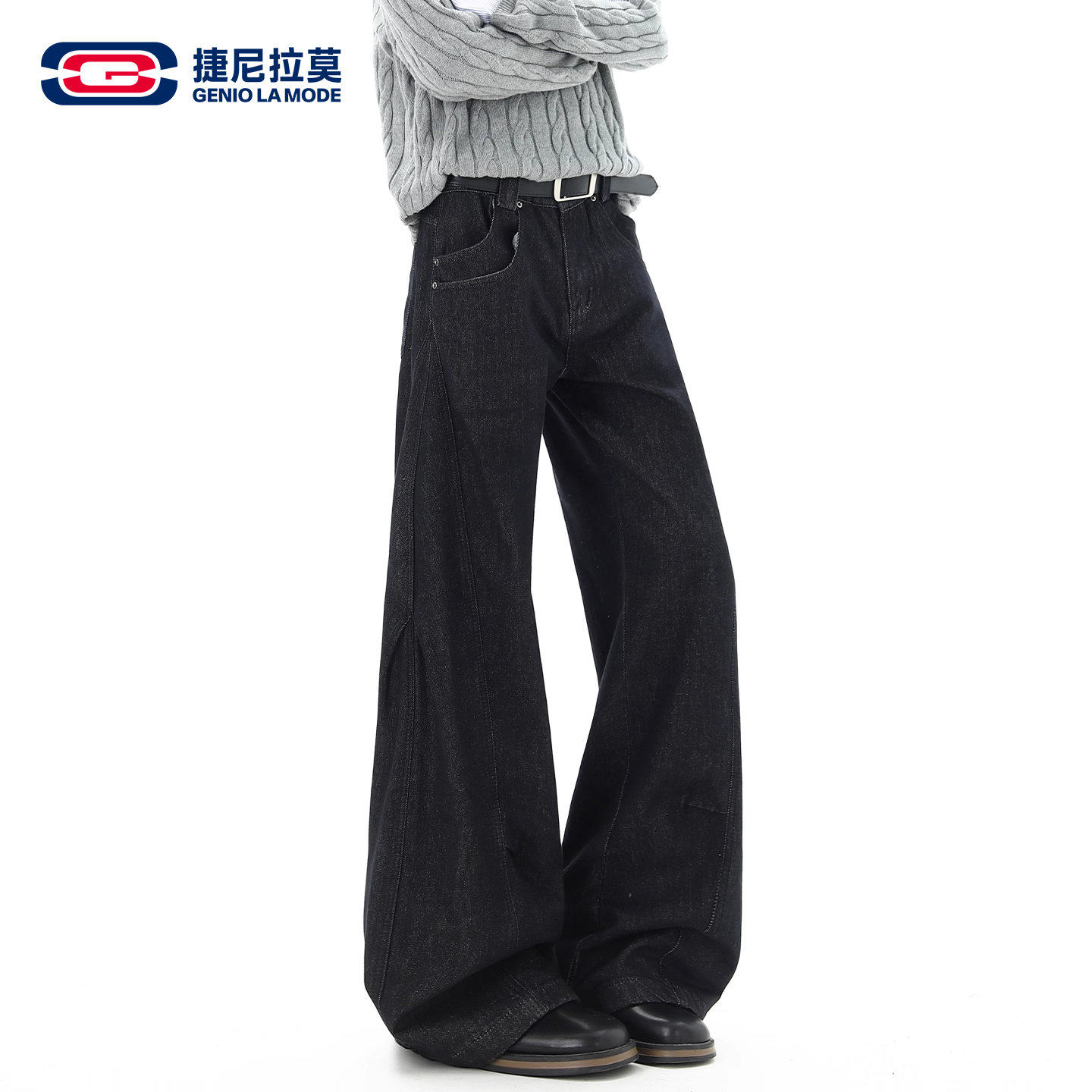 【敖瑞鹏代言】GENIOLAMODE秋冬新款美式微喇宽松复古原牛牛仔裤男