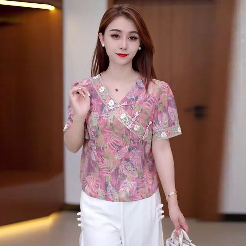 2025夏季新中式小衫优雅斜襟盘扣洋气显瘦减龄短袖碎花旗袍上衣女