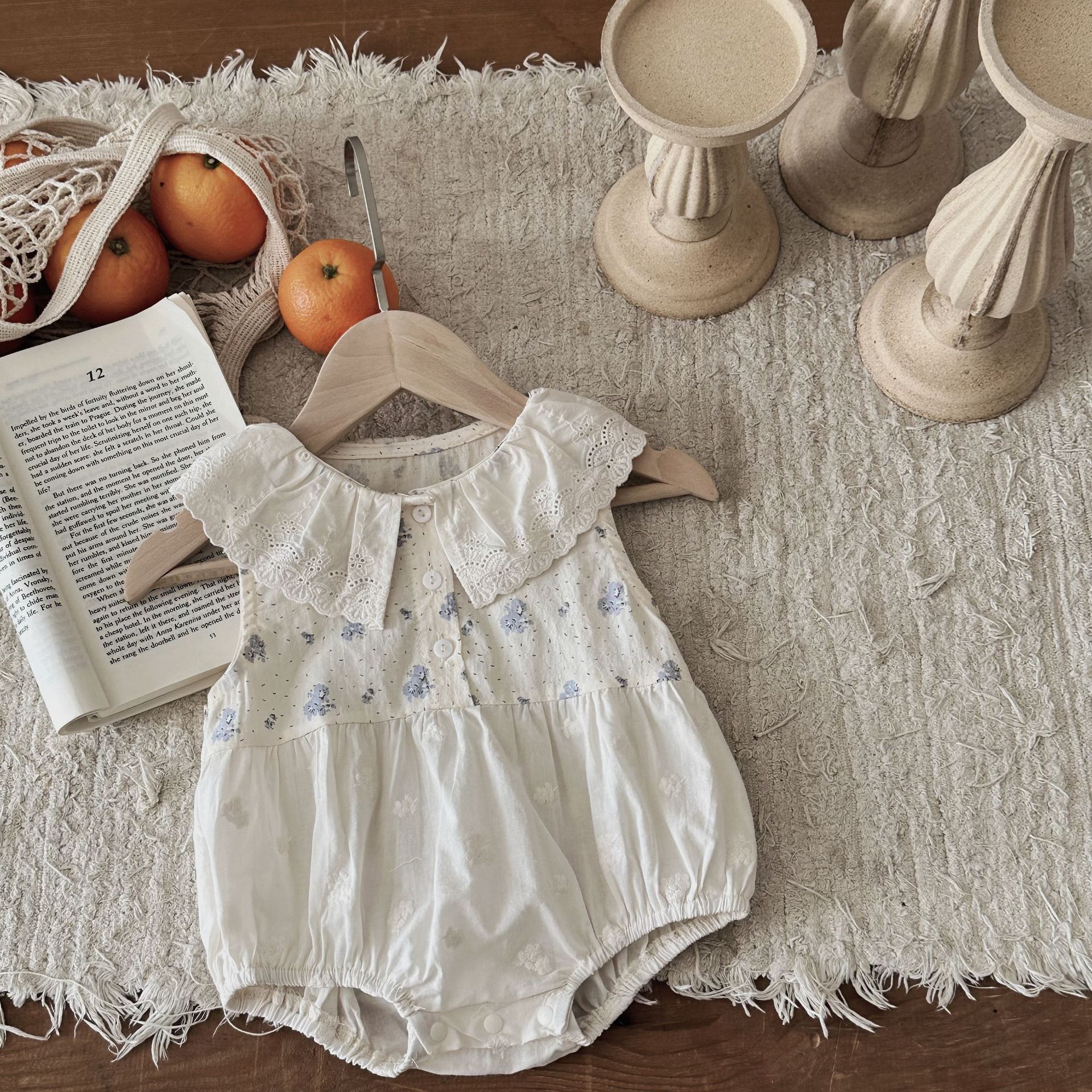 INS款夏季婴幼儿花边领碎花拼接短袖哈衣女宝宝外出淑女爬爬服