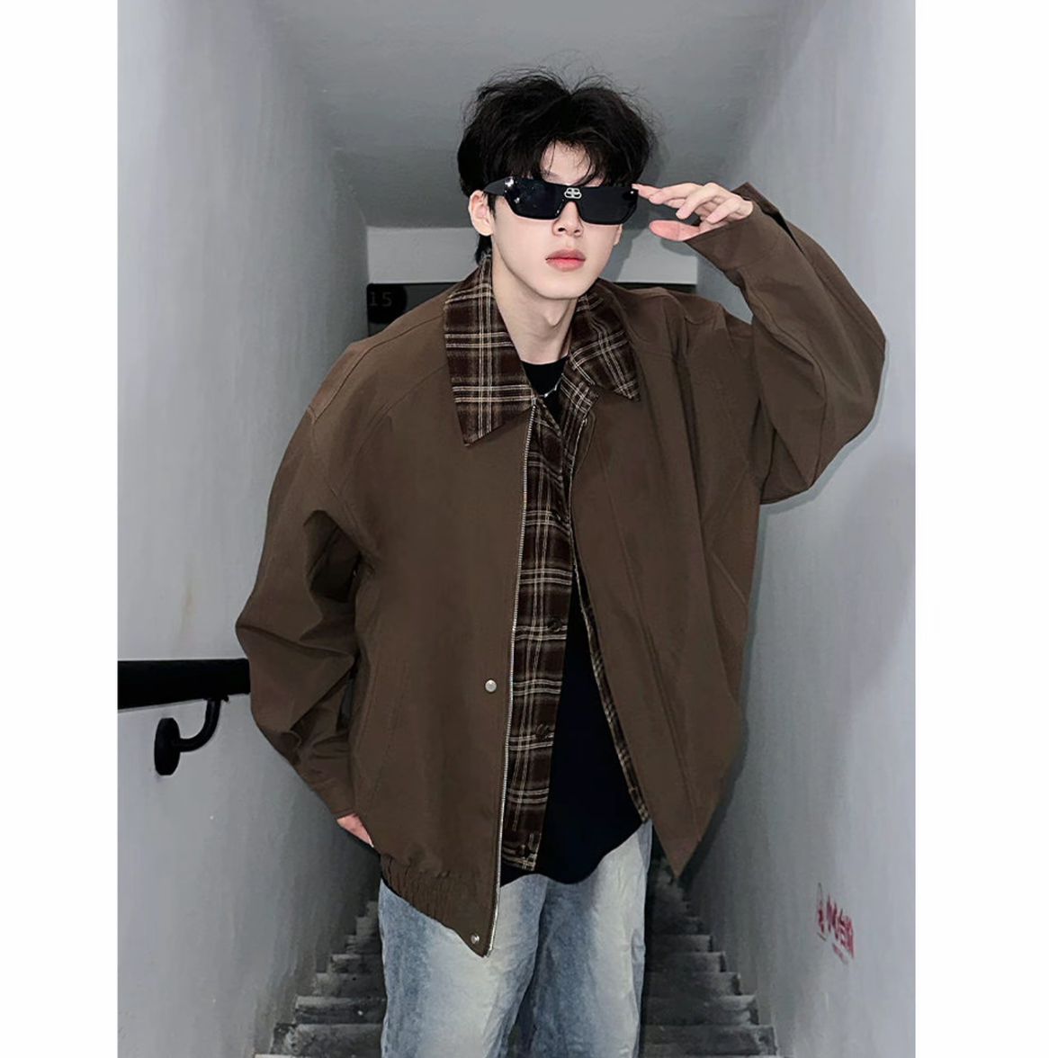 拉链假两件男流光风复古加棉翻领夹克痞帅春秋帅气港风