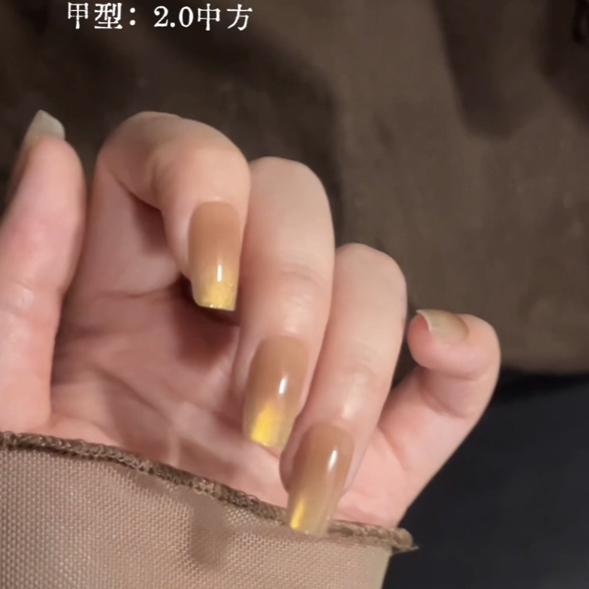 金色琥珀通勤指尖猫眼日常中方短椭圆中椭圆猫眼穿戴甲10片