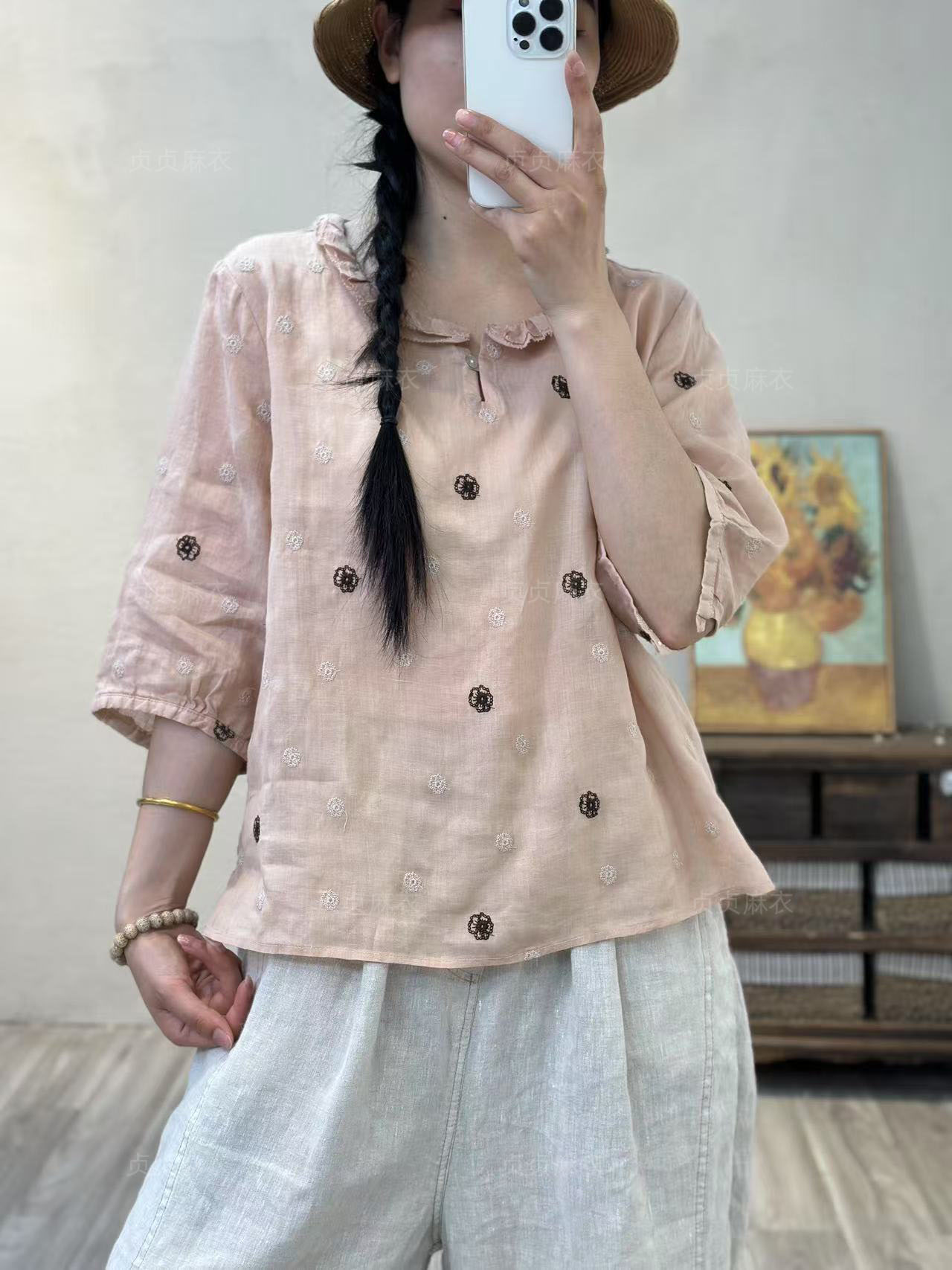 9605-文艺波点圆领七分袖T恤女夏季薄款休闲减龄套头小衫