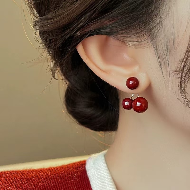 铜合金耳饰 红耳钉女耳环前后式高级感独特秋冬气质耳饰N2178